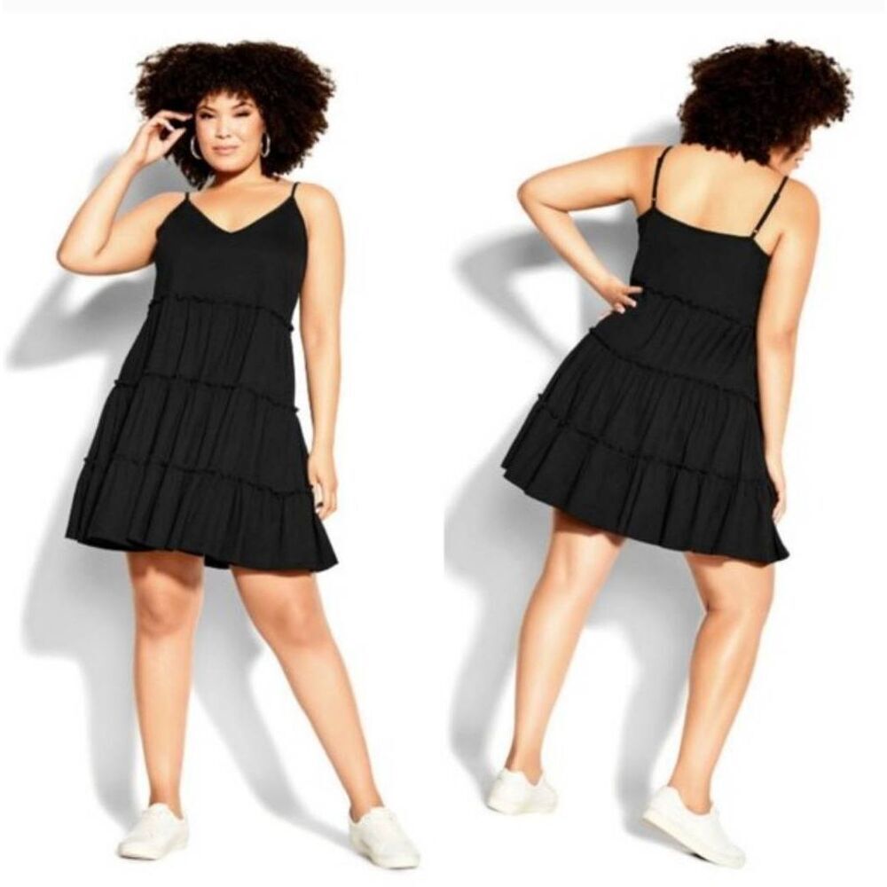 City Chic Carissa Tank Dress Black Ruffles Mini Plus 18 1XL Boho Gypsy Festival